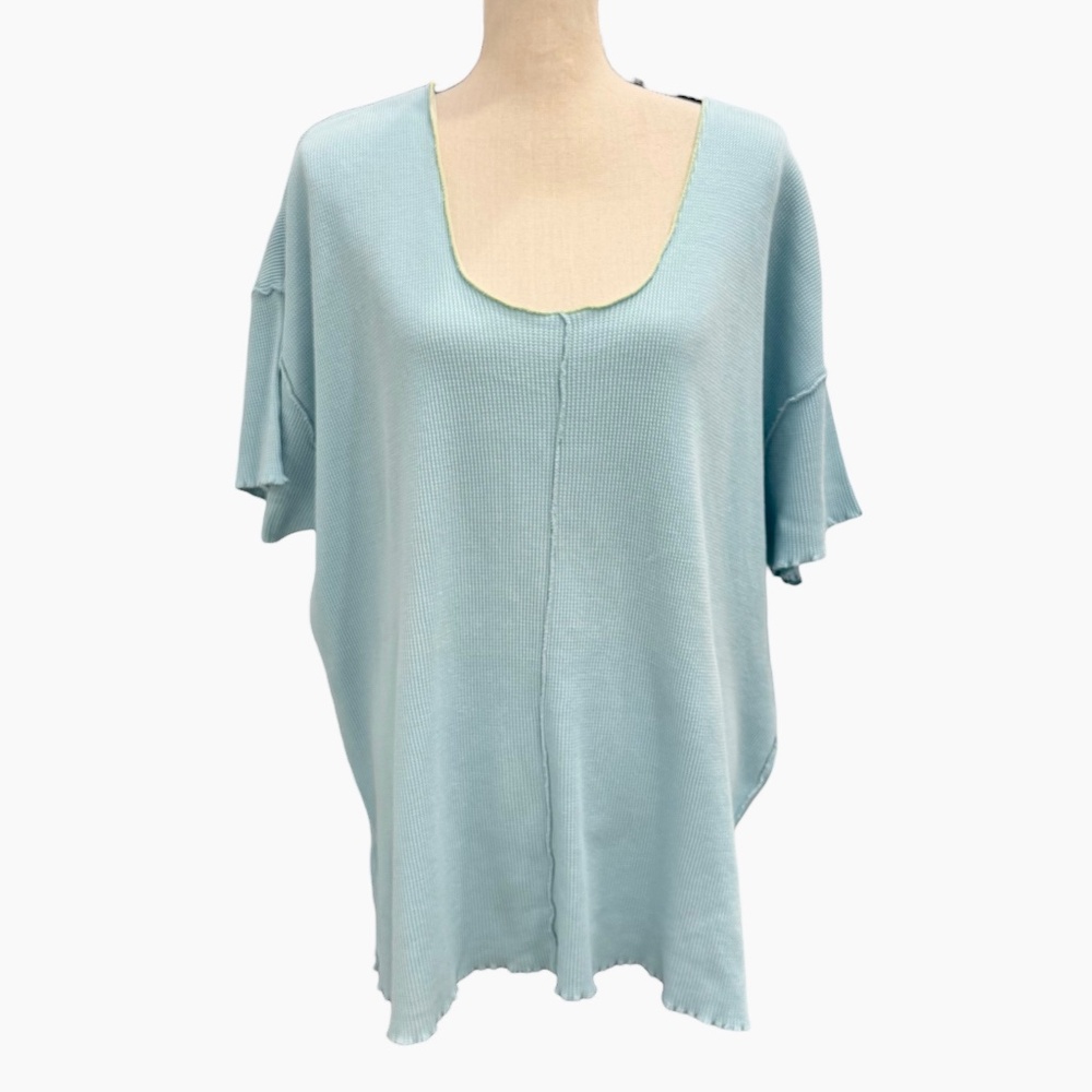 FITIGUES LIGHT BLUE W/GREEN & WHITE TRIM WAFFLE KNIT SHORT SLEEVE OVERSIZED TOP